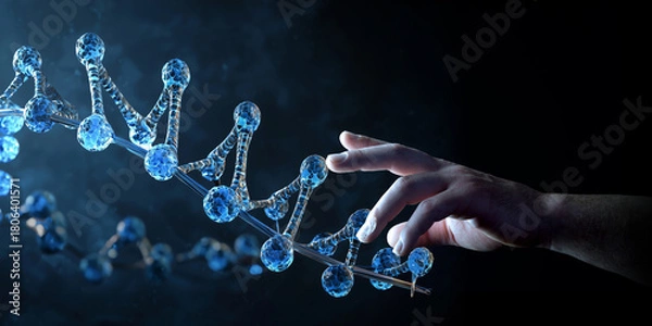 Fototapeta Man hand touching DNA digital hologram on dark blue background. Generative ai DNA