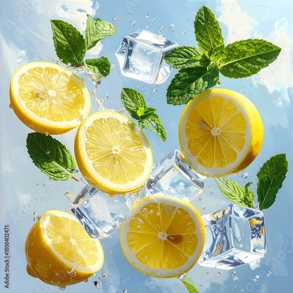 Obraz Erfrischendes Bild von Zitronenscheiben, frischer Minze und Eiswürfeln 