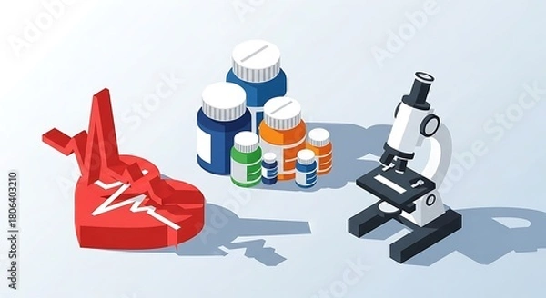 Obraz Bright isometric illustration of a research lab tabletop: colorful test tubes, chemical flasks, 