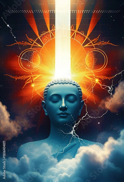 Fototapeta Abstract illustration of Buddha in meditation, symbol of spirituality, enlightenment and cosmic vision