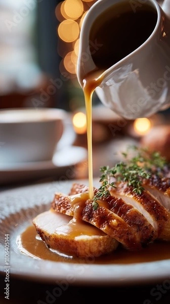Fototapeta Warm gravy cascading onto juicy, sliced turkey breast, garnished with fresh thyme, creating a delicious holiday meal ambiance.
