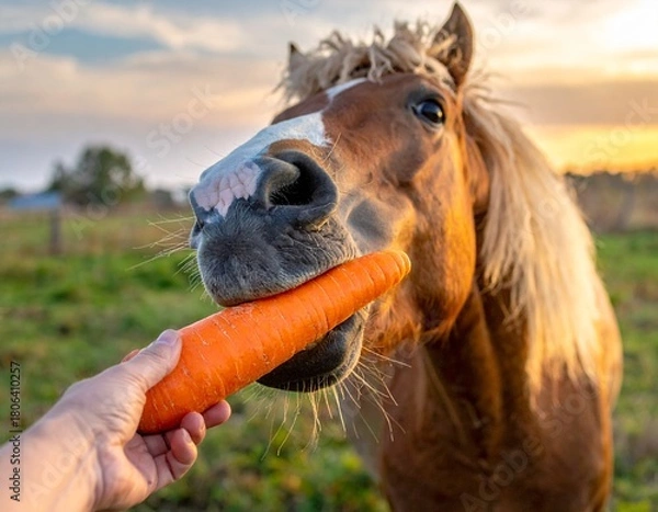 Fototapeta 人からもらったニンジンを食べる馬