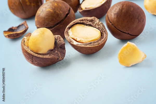 Obraz Macadamia nuts with cracked nut and shell  on blue background
