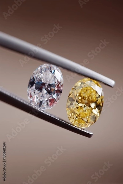 Fototapeta Close-up image of a yellow and a clear diamond held by tweezers, showcasing their exquisite facets and brilliance.