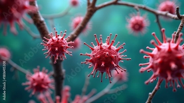 Fototapeta Red Spiky Virus Particles on Branches