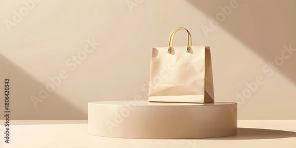 Obraz Beige Shopping Bag Pedestal Display Minimal E-commerce Copy-Space Left