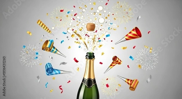 Fototapeta Exciting moment of triumph as a champagne bottle bursts forth, showering vibrant confetti and party favors in a dazzling display of festive joy