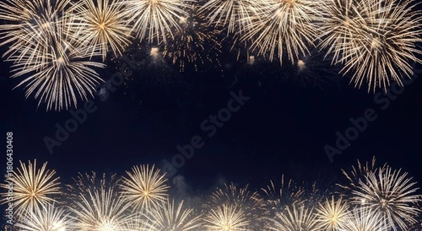 Fototapeta Spectacular golden fireworks burst across a dark night sky, creating a vibrant frame with ample copy space for festive messages and grand celebrations