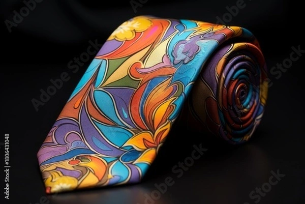 Fototapeta Silk tie showcasing a vibrant abstract pattern, reflecting a unique style choice