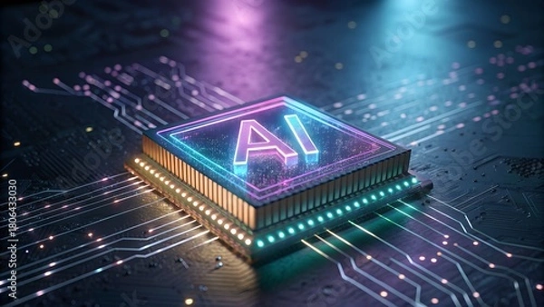 Fototapeta Futuristic AI chip with glowing neon lights and complex circuit board for next-generation technology breakthroughs and innovative solutions