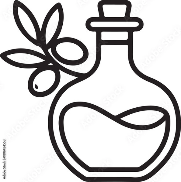 Fototapeta Olive oil bottle with a cork stopper next to an olive branch featuring three fresh olives