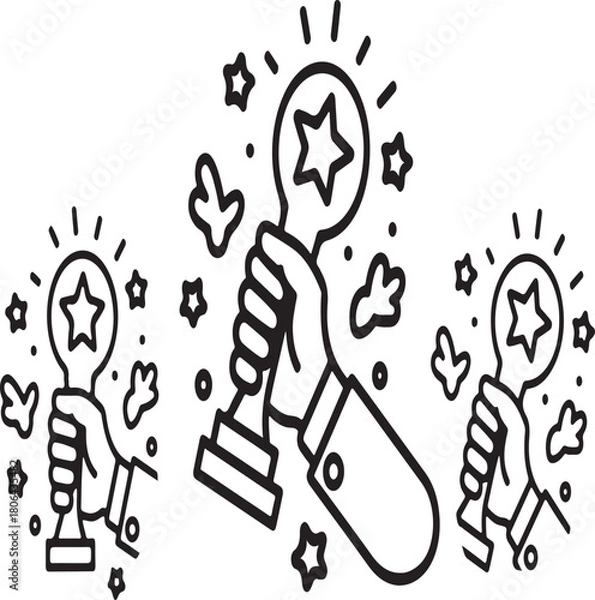 Fototapeta Three outline icons showing hands holding star trophies with radiating light and flying confetti for achievement