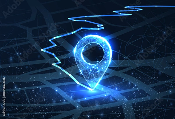 Obraz GPS. Abstract vector two pin icon on blue city map with white line connection. Transportation delivery, map location, transport logistic, tourism navigate, route path concept. GPS point navigation

