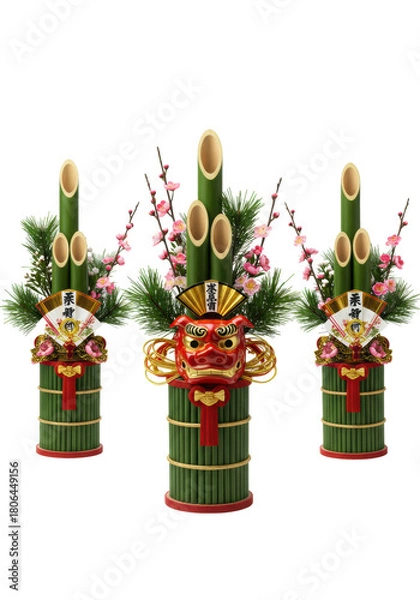 Fototapeta a trio of traditional japanese kadomatsu (bamboo, pine, plum blossoms) with a red shishimai lion mask and golden fan, high-key studio still life against white with copy space, concept of traditional