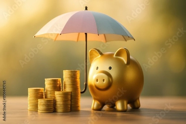 Fototapeta Golden piggy bank under umbrella symbolizes safe investment and wealth accumulation, showcasing gold as secure asset for financial growth