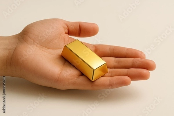 Fototapeta Hand holds gold bar symbolizing investment and wealth, representing safe asset for financial security and prosperity