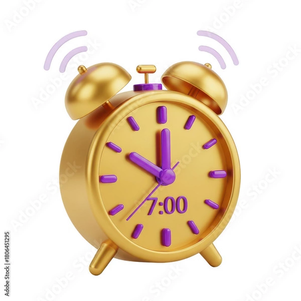 Fototapeta Gold and purple alarm clock with the time 7:00. isolated illustration on  transparent background PNG
