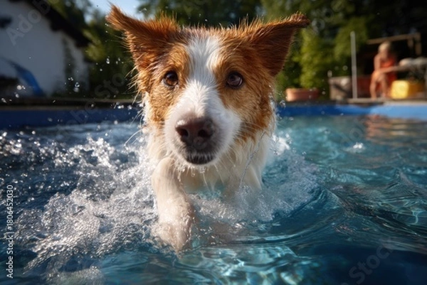 Obraz Border collie swimming in a clear pool on a sunny day, capturing joy and movement in a lively backyard setting