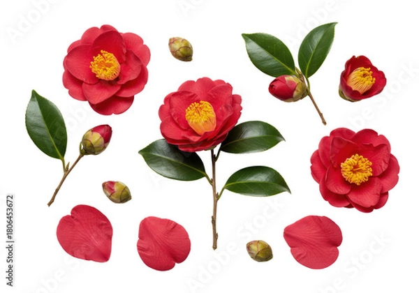 Fototapeta Deep crimson japanese camellia flowers, buds, and foliage in a meticulous macro flat lay composition on a transparent background, showcasing texture and detail. Concept of perfection nature and