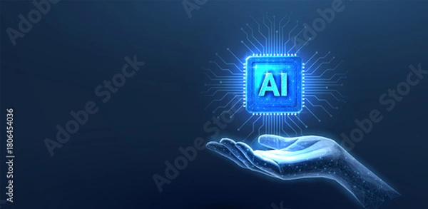 Fototapeta Chip with AI letters in hand. AI technology, robot core, electric line, artificial intelligence, cpu system, future tech, electronic cloud computing concept. Abstract illustration

