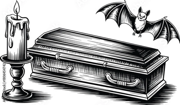 Obraz Vintage black and white horror illustration featuring coffin, flying bat and melting candle, perfect for Halloween designs, spooky artwork and gothic themes