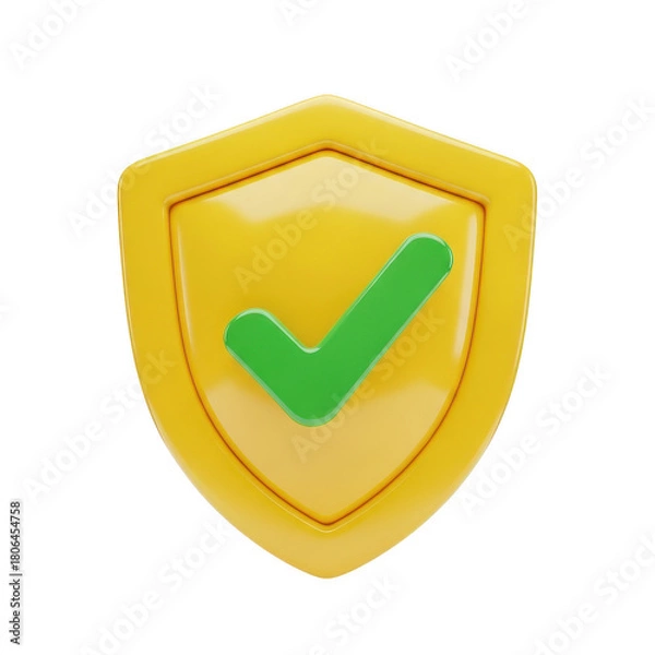 Fototapeta Yellow shield with a green check mark on it. isolated illustration on  transparent background PNG