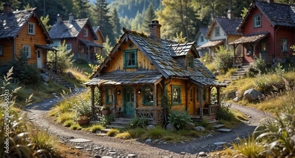 Fototapeta charming rustic cottage in a quaint village nestled among lush green hills and forests.