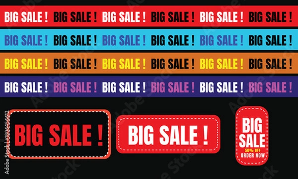 Fototapeta Big sale banner set with colorful discount labels and stitched badge designs on black background, vibrant promotional vector graphics for marketing and advertising