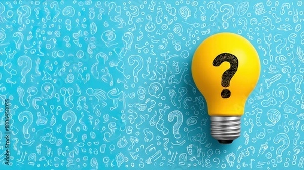 Fototapeta Yellow light bulb with a question mark on a blue background.