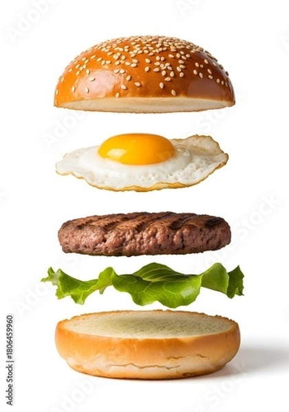 Fototapeta Flying burger with egg, beef patty, lettuce, and sesame bun isolated on white background, deconstructed hamburger ingredients in mid-air