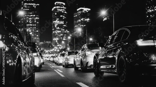 Obraz City street traffic jam at night multiple cars lined up on road with bright illuminated skyscrapers and streetlights in background urban metropolitan area scene black and white