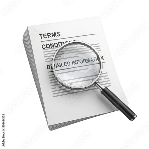 Fototapeta Magnifying glass is on top of a stack of papers that say Terms and Condition. isolated illustration on  transparent background PNG