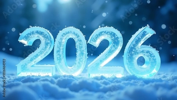 Fototapeta Frosty Blue Glow The Year 2026 Rendered in Shimmering Ice for New Year Celebrations in a Winter Wonderland