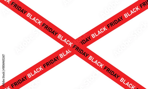 Fototapeta Black Friday red ribbon cross design with repeated text on white background, modern minimal sale banner for discount, promotion, and marketing advertisements