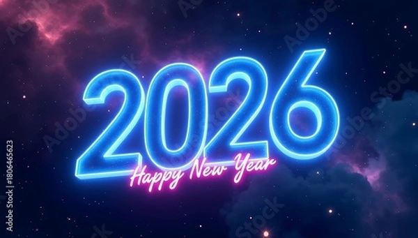 Fototapeta Happy New Year 2026 Neon Light Illustration with Clouds