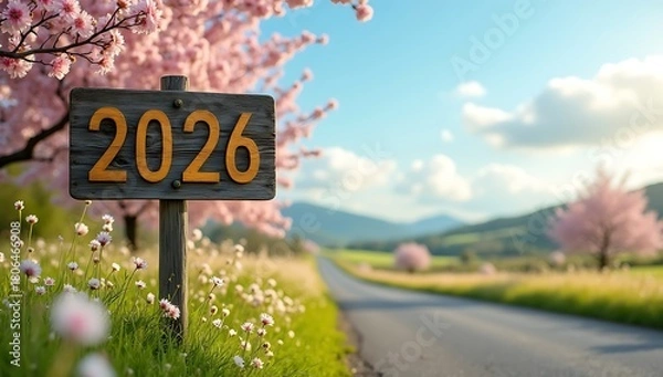 Fototapeta A scenic country road leading towards the future year 2026 with a sign and blooming cherry blossoms