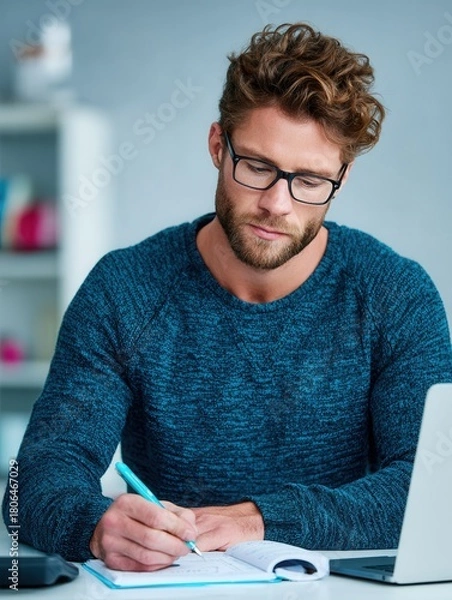 Fototapeta A young man with glasses is deeply focused on writing in his notebook at a modern workspace, conveying concentration and productivity.