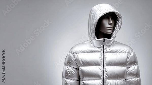 Fototapeta A sleek silver puffer jacket displayed on a mannequin against a neutral background, showcasing modern fashion design and winter apparel.