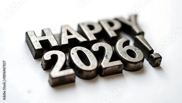Fototapeta Metallic typography wishing 'Happy 2026' with an exclamation mark on a bright background
