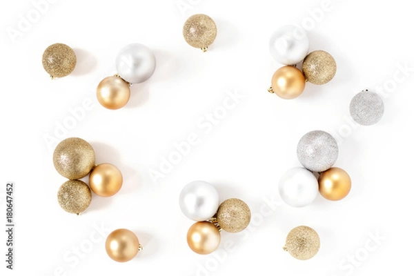 Obraz Golden and Silver Balls Top view White Background Christmas New Year