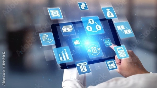 Fototapeta Currency exchange and fintech innovation in global money transfer, digital currency conversion, secure currency exchange platforms, and next-generation money exchange technologies. Spire