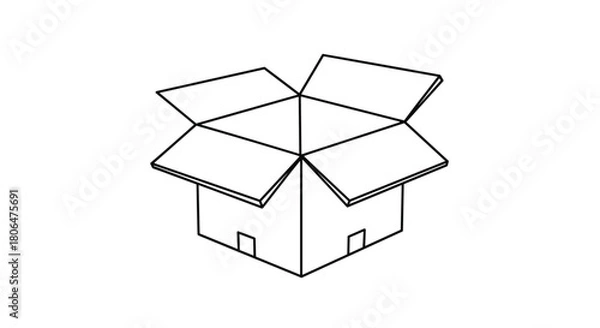 Obraz Simple black and white line art illustration of an empty, open cardboard box, perfect for packaging, moving, or delivery concepts.