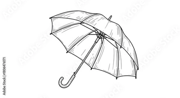 Fototapeta Classic open umbrella with a curved handle, depicted in a detailed, hand-drawn vintage engraving or sketch style on a white background.