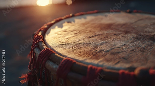 Obraz Close-up view of a traditional handcrafted drum with natural leather skin and red ropes at sunset outdoor setting with warm lighting and artistic, cultural musical instrument