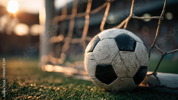 Obraz Close-up of a worn soccer ball hitting the net on a grassy field during sunset with warm sunlight and blurred background elements creating a dramatic sports moment