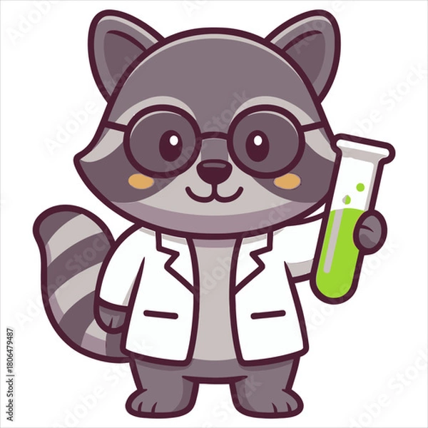 Fototapeta A cute raccoon scientist character in a lab coat holding a test tube, a charming flat vector logo illustration for science education 44