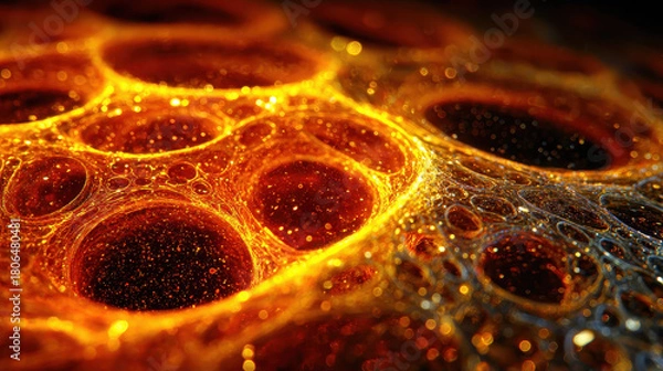 Obraz Glowing abstract orange and yellow bubbles or cells with a fiery appearance and intricate web-like patterns in a dark environment creating a sense of depth and complexity