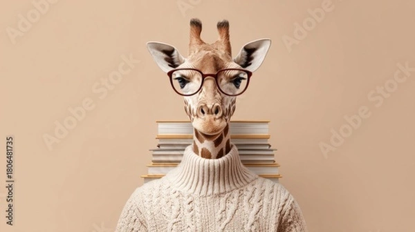 Fototapeta A giraffe wearing glasses and a sweater, with a stack of books behind it