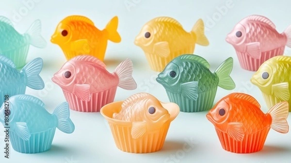 Obraz Colorful fish-shaped cupcake molds arranged on a light blue background