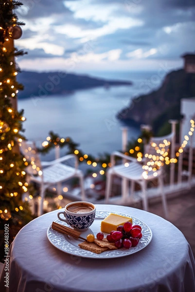 Fototapeta cup of coffee and chocolate with chirismas background